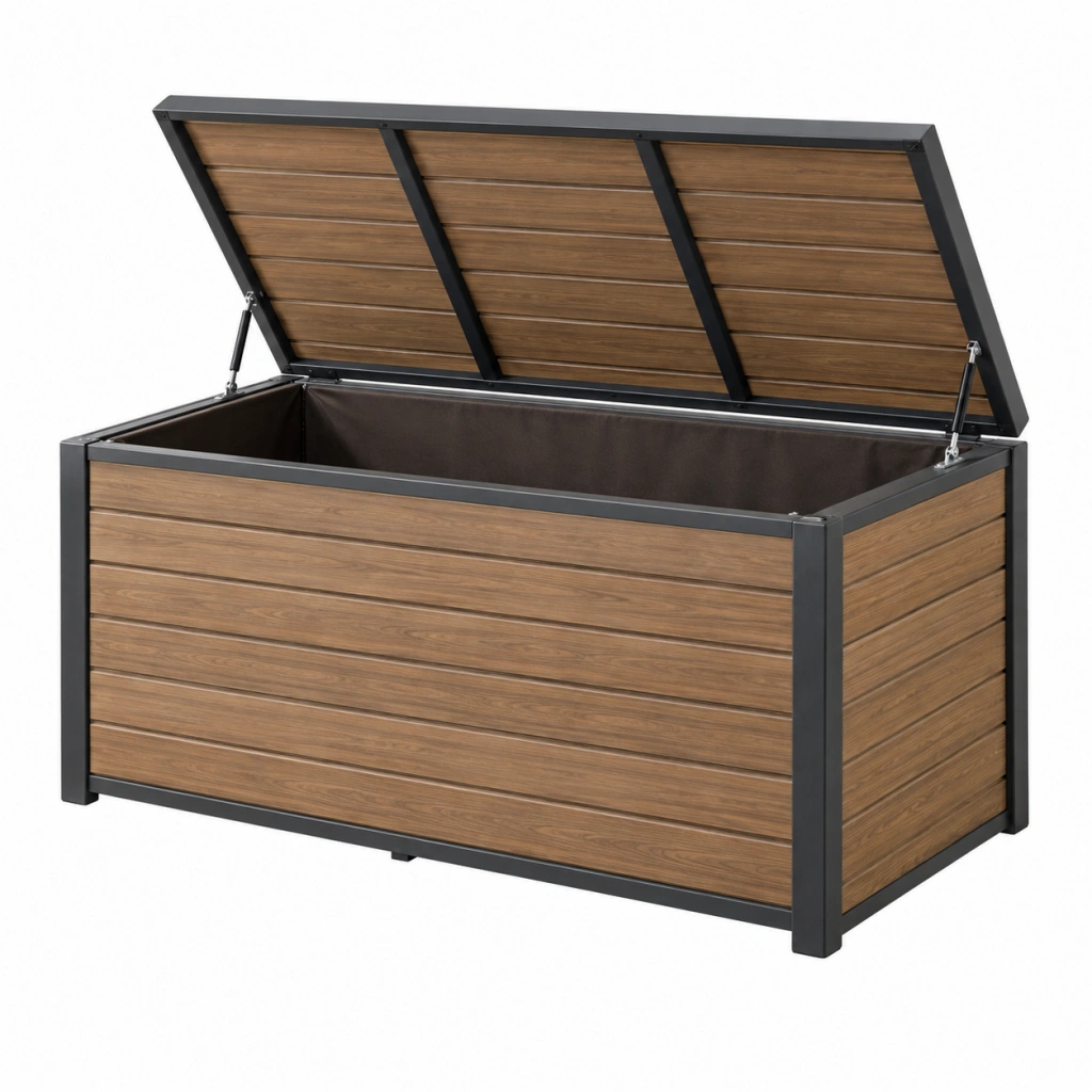 Garten-Aufbewahrungsbox 150 x 70 x 70 cm Holzoptik Braun Schwarz mit Klappdeckel