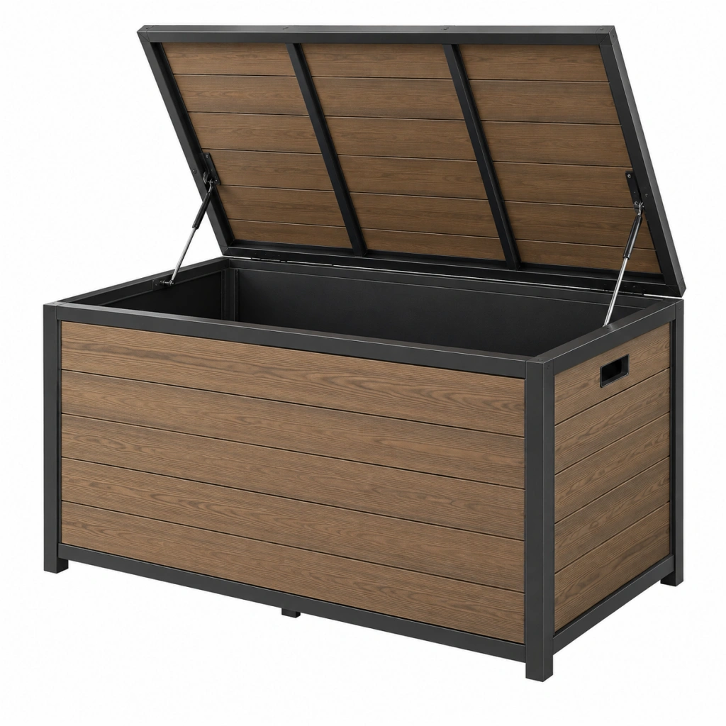 Garten-Aufbewahrungsbox 120 x 60 x 63 cm Braun Schwarz aus Stahl und Holz-Kunststoff-Verbundmaterial mit Klappdeckel