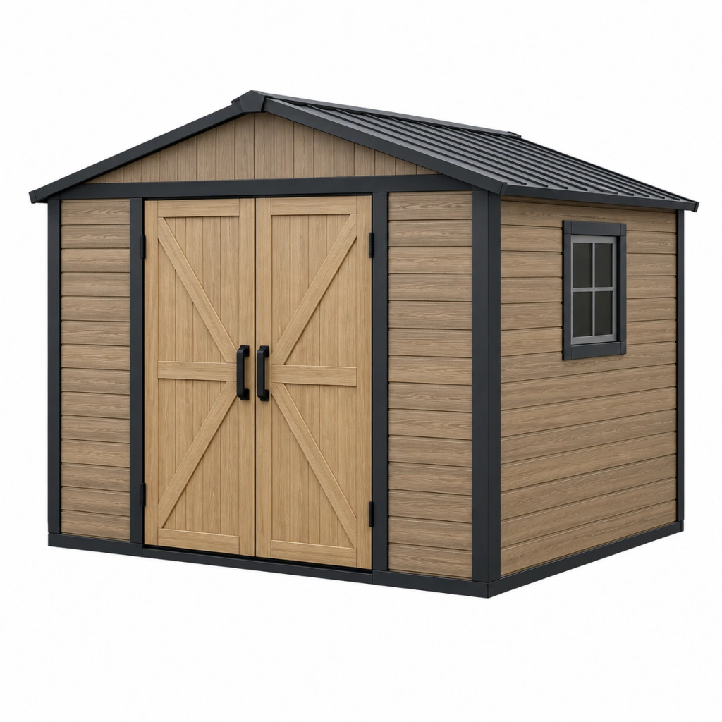 Gartenhaus 213 x 130 x 185 cm Kunststoff Holzoptik Braun Schwarz mit Doppeltür und Fenster