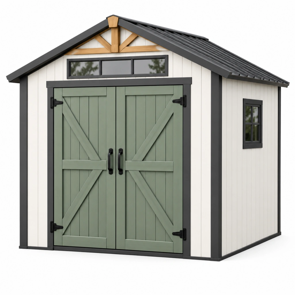 Gartenhaus 300 x 240 x 250 cm aus Holz in Salbeigrün Weiß mit Doppeltür und Fenstern