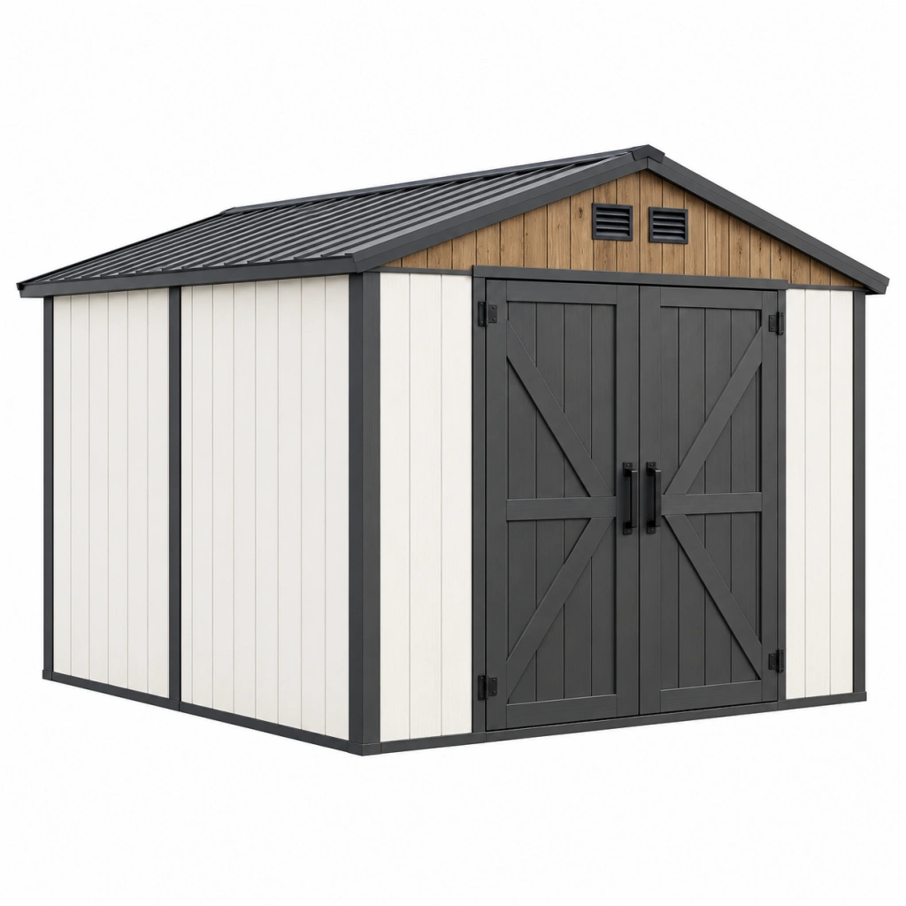 Gartenhaus 213 x 191 x 228 cm aus Kunststoff in Anthrazit Weiß Holzbraun mit Doppeltür
