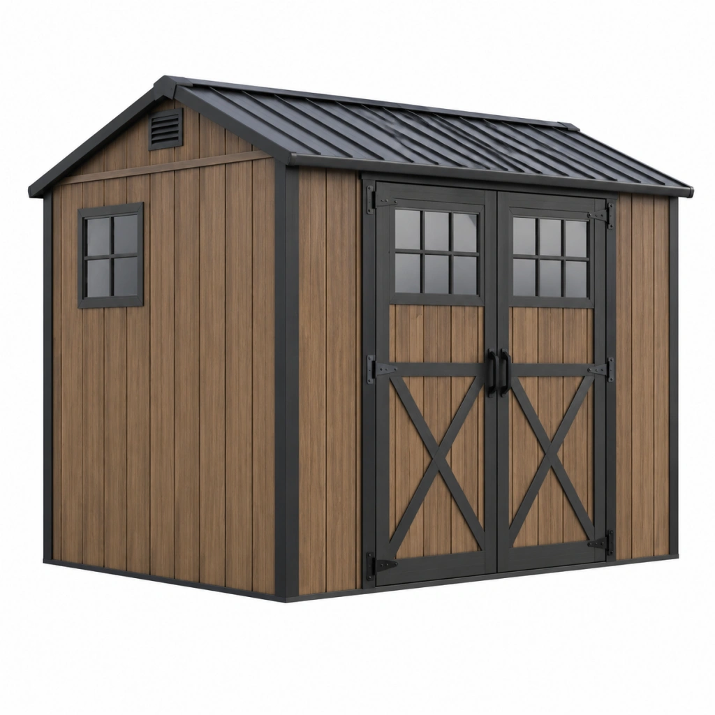Gartenhaus 180 x 120 x 180 cm in Braun Schwarz aus Kunststoff mit Doppeltür und Fenstern