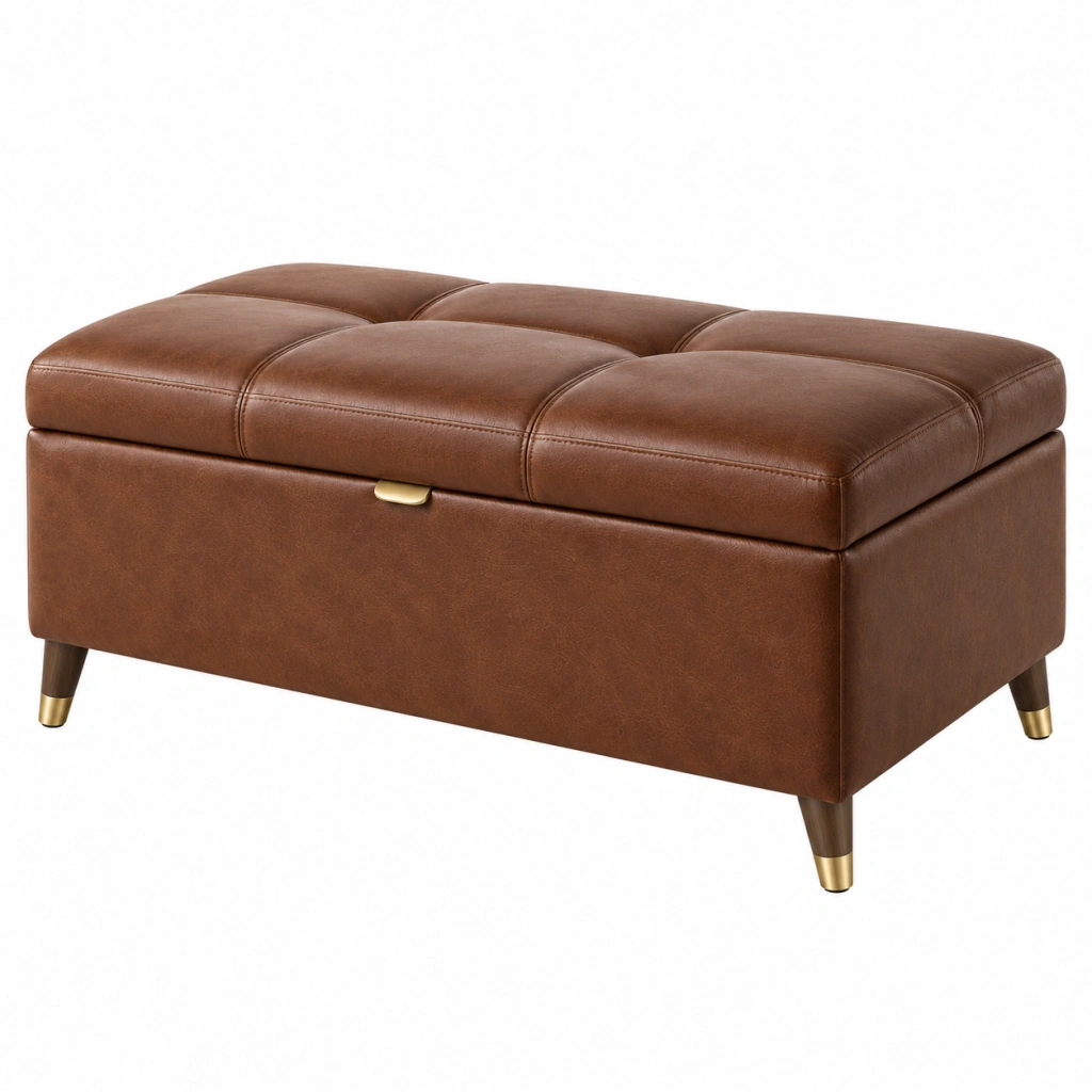 Sitzhocker 90 x 60 x 45 cm aus braunem Kunstleder mit Stauraum im Vintage-Stil