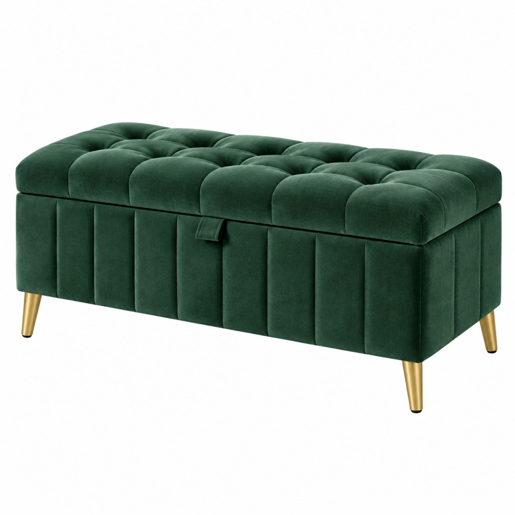 Sitzbank 100 x 40 x 45 cm Samt Dunkelgrün mit Stauraum und goldfarbenen Metallfüßen