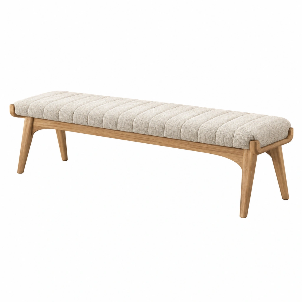 Sitzbank 160 x 45 x 46 cm mit Textilpolsterung in Beige Holzgestell im skandinavischen Stil
