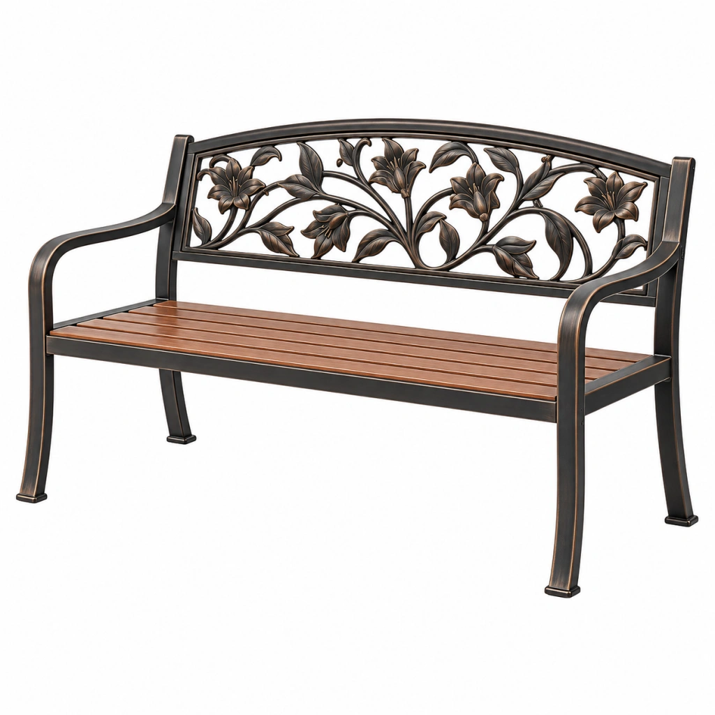 Gartenbank 127 cm aus Metall und Holz Braun Schwarz mit Blumenmotiv und Armlehnen