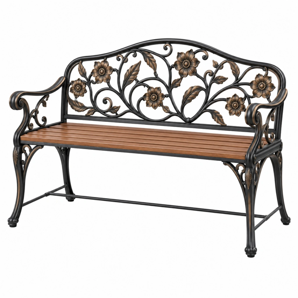Gartenbank 125 x 60 x 95 cm aus Metall und Holz in Schwarz Braun mit Blumenmuster