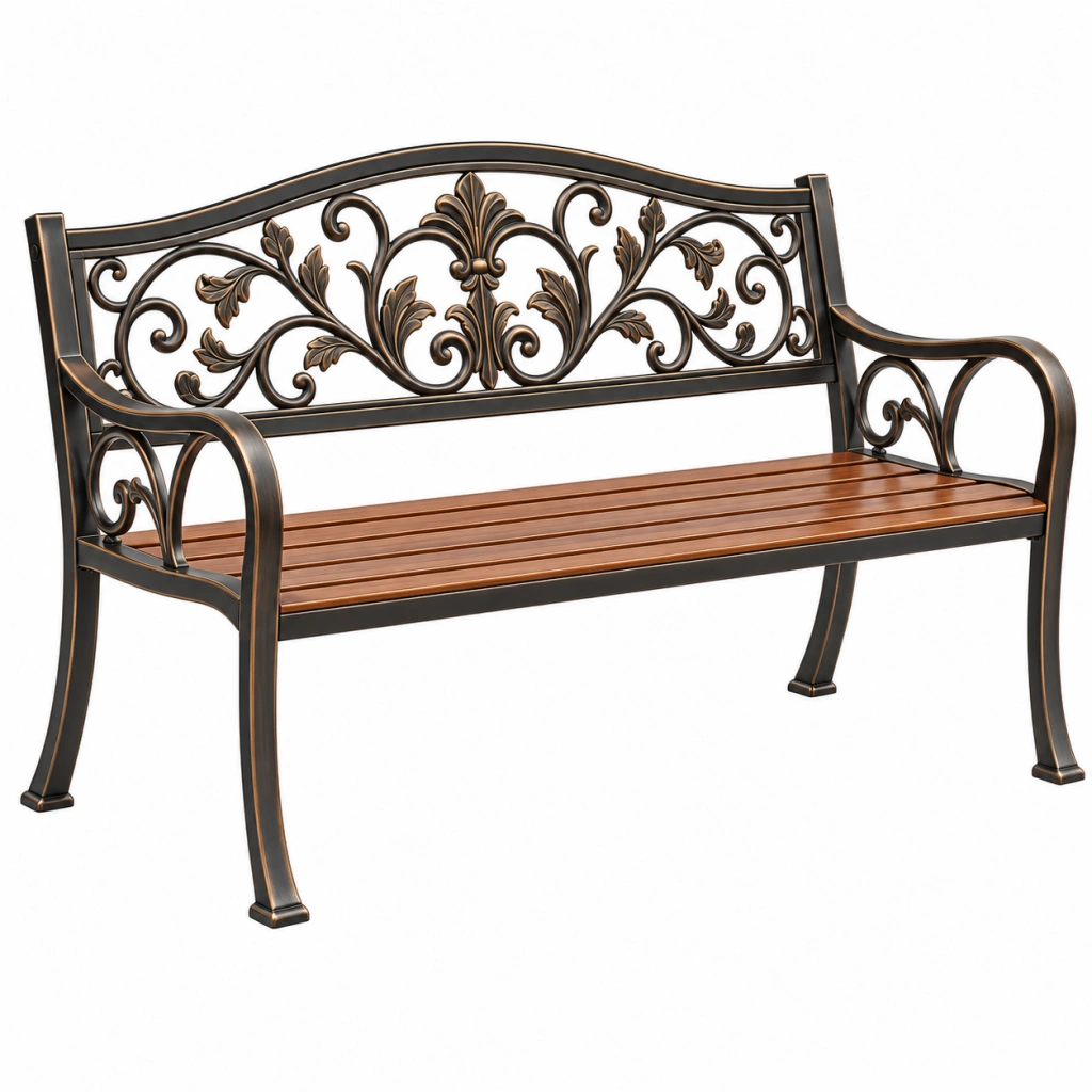 Gartenbank 122 x 60 x 92 cm Metall und Holz Braun Schwarz mit floraler Rückenlehne