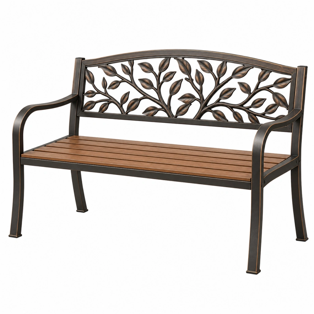 Gartenbank 122 x 61 x 88 cm aus Metall und Holz in Dunkelbraun mit Blattmotiv